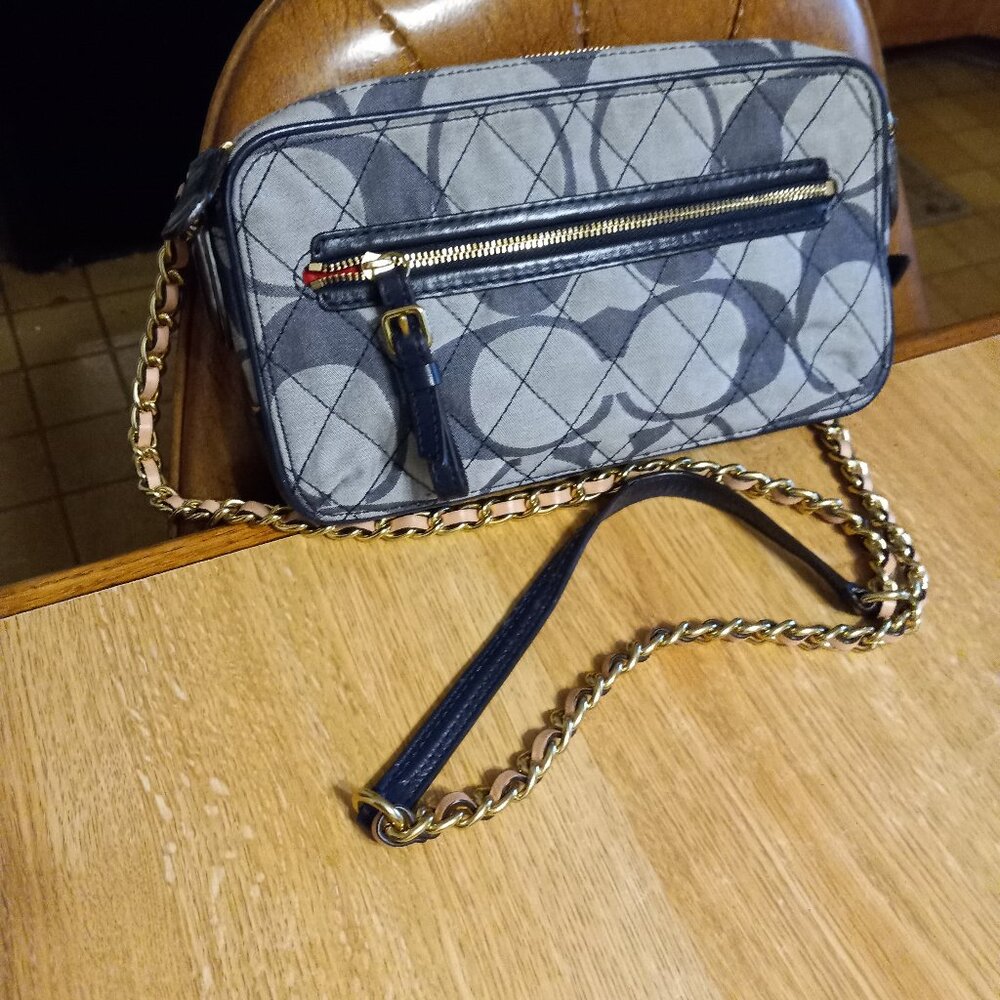 AUTH COACH Signature Canvas & Patent Leather Crossbody Bag Handbag Purse # 25044